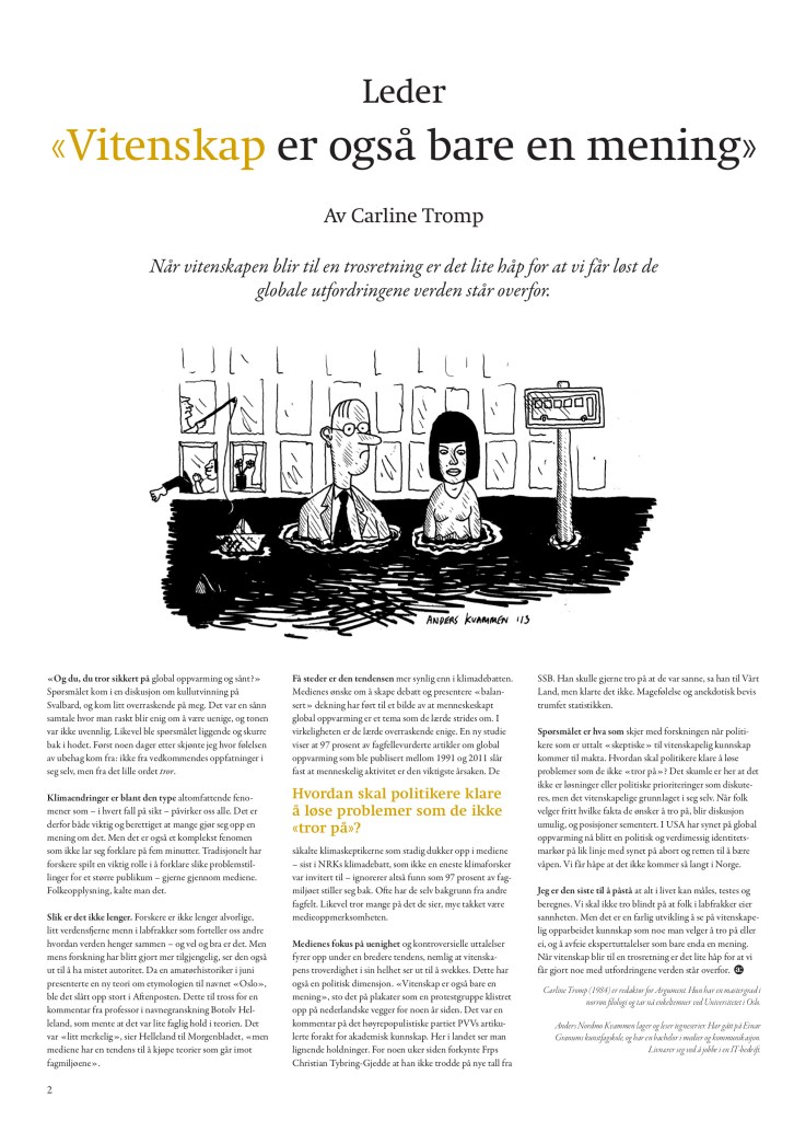 «Vitenskap er også bare en mening» (leder Argument 4/2013)